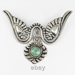 Vintage Sterling Silver Taxco Mexico Brooch Pin with Green Glass Cabochon