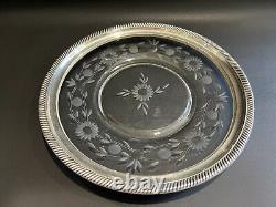 Vintage Sterling Silver Trimmed & Flower Etched Crystal Glass Plate, 9 Diameter