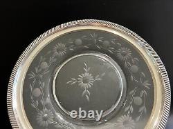 Vintage Sterling Silver Trimmed & Flower Etched Crystal Glass Plate, 9 Diameter