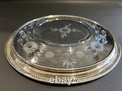 Vintage Sterling Silver Trimmed & Flower Etched Crystal Glass Plate, 9 Diameter