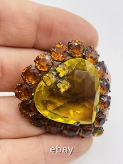 Vintage Sterling Silver Yellow & Orange Crystal Glass Brooch Pin