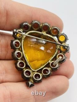 Vintage Sterling Silver Yellow & Orange Crystal Glass Brooch Pin
