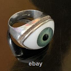 Vintage Sterling Silver prosthetic Blue Green Glass Eyeball Ring Hallmarked