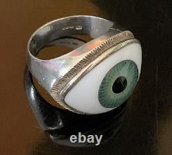 Vintage Sterling Silver prosthetic Blue Green Glass Eyeball Ring Hallmarked