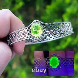 Vintage Sterling Vaseline Uranium Glass Bracelet Art Deco Silver Filigree 1930s