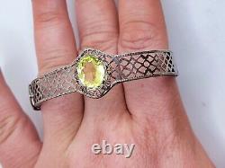 Vintage Sterling Vaseline Uranium Glass Bracelet Art Deco Silver Filigree 1930s