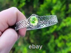 Vintage Sterling Vaseline Uranium Glass Bracelet Art Deco Silver Filigree 1930s