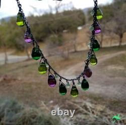 Vintage Sterling silver Chain With Multi Color Art Glass Drops Necklace