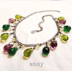 Vintage Sterling silver Chain With Multi Color Art Glass Drops Necklace