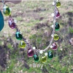 Vintage Sterling silver Chain With Multi Color Art Glass Drops Necklace