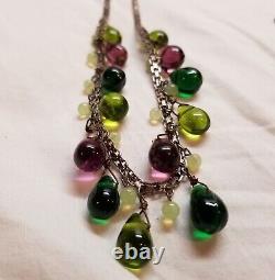 Vintage Sterling silver Chain With Multi Color Art Glass Drops Necklace