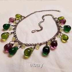 Vintage Sterling silver Chain With Multi Color Art Glass Drops Necklace