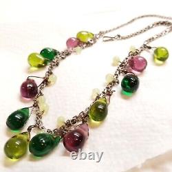 Vintage Sterling silver Chain With Multi Color Art Glass Drops Necklace