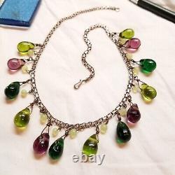 Vintage Sterling silver Chain With Multi Color Art Glass Drops Necklace