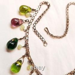 Vintage Sterling silver Chain With Multi Color Art Glass Drops Necklace