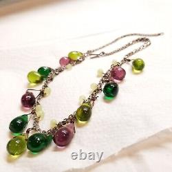 Vintage Sterling silver Chain With Multi Color Art Glass Drops Necklace