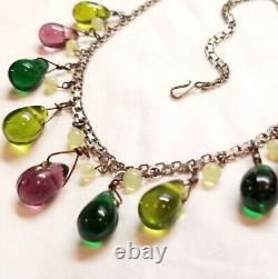 Vintage Sterling silver Chain With Multi Color Art Glass Drops Necklace