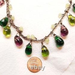 Vintage Sterling silver Chain With Multi Color Art Glass Drops Necklace