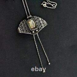 Vintage Superb Sterling Silver Roman Glass Embossed Design Two Drops Necklace