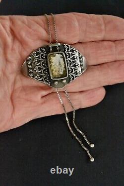 Vintage Superb Sterling Silver Roman Glass Embossed Design Two Drops Necklace