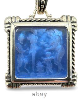 Vintage TAGLIAMONTE Italy Sterling Silver Blue Venetian Glass Intaglio Pendant