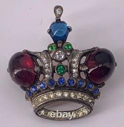 Vintage TRIFARI Sterling Silver Emerald Ruby Sapphire Rhinestone Crown Brooch