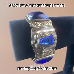 Vintage Taxco 925 Sterling Silver Aztec Mask Carved Blue Glass Boho Bracelet