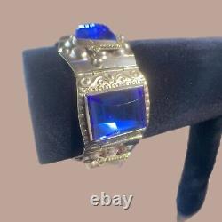 Vintage Taxco 925 Sterling Silver Aztec Mask Carved Blue Glass Boho Bracelet