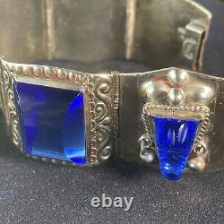 Vintage Taxco 925 Sterling Silver Aztec Mask Carved Blue Glass Boho Bracelet