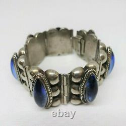 Vintage Taxco Mexico Sterling Silver Wide Bracelet Blue Glass Cabs Wide Panels