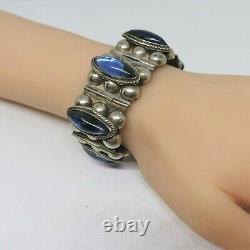 Vintage Taxco Mexico Sterling Silver Wide Bracelet Blue Glass Cabs Wide Panels