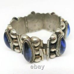 Vintage Taxco Mexico Sterling Silver Wide Bracelet Blue Glass Cabs Wide Panels