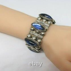 Vintage Taxco Mexico Sterling Silver Wide Bracelet Blue Glass Cabs Wide Panels