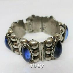 Vintage Taxco Mexico Sterling Silver Wide Bracelet Blue Glass Cabs Wide Panels