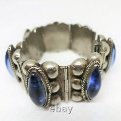 Vintage Taxco Mexico Sterling Silver Wide Bracelet Blue Glass Cabs Wide Panels
