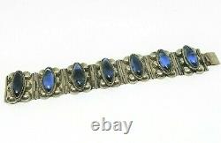 Vintage Taxco Mexico Sterling Silver Wide Bracelet Blue Glass Cabs Wide Panels