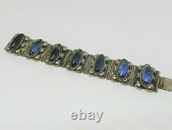 Vintage Taxco Mexico Sterling Silver Wide Bracelet Blue Glass Cabs Wide Panels