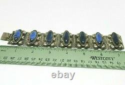 Vintage Taxco Mexico Sterling Silver Wide Bracelet Blue Glass Cabs Wide Panels