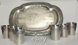 Vintage Tray & 6 Glasses Sterling Silver 900-875 Soviet-Vietnamese Friendship