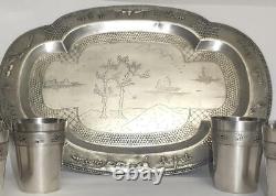 Vintage Tray & 6 Glasses Sterling Silver 900-875 Soviet-Vietnamese Friendship