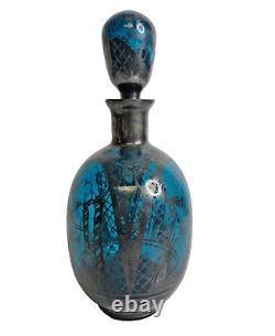 Vintage Venetian Liquor Decanter Emerald Blue Glass Sterling Silver Overlay