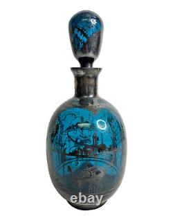 Vintage Venetian Liquor Decanter Emerald Blue Glass Sterling Silver Overlay