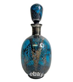 Vintage Venetian Liquor Decanter Emerald Blue Glass Sterling Silver Overlay