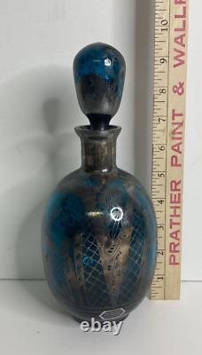 Vintage Venetian Liquor Decanter Emerald Blue Glass Sterling Silver Overlay