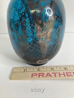 Vintage Venetian Liquor Decanter Emerald Blue Glass Sterling Silver Overlay