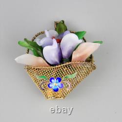 Vintage Vermeil Glass Flower Basket Sterling Silver + Enamel Brooch Pendant