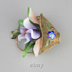 Vintage Vermeil Glass Flower Basket Sterling Silver + Enamel Brooch Pendant