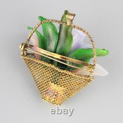 Vintage Vermeil Glass Flower Basket Sterling Silver + Enamel Brooch Pendant