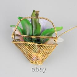 Vintage Vermeil Glass Flower Basket Sterling Silver + Enamel Brooch Pendant