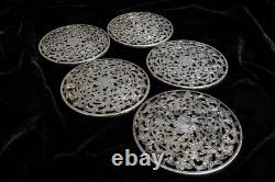 Vintage Webster Sterling Silver Glass Coasters Set of 5 Pierced Floral Openwork